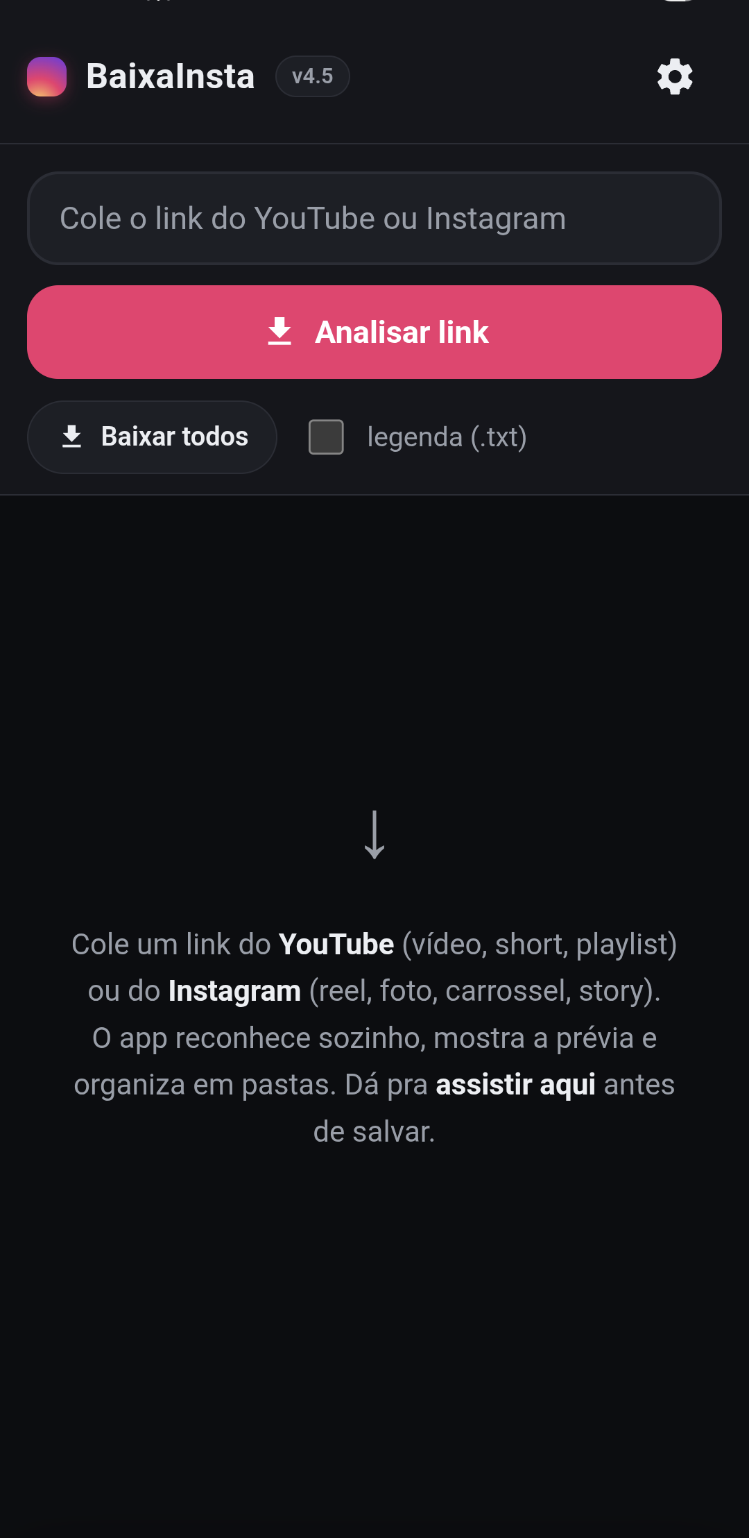 Tela inicial do BaixaInsta no Android