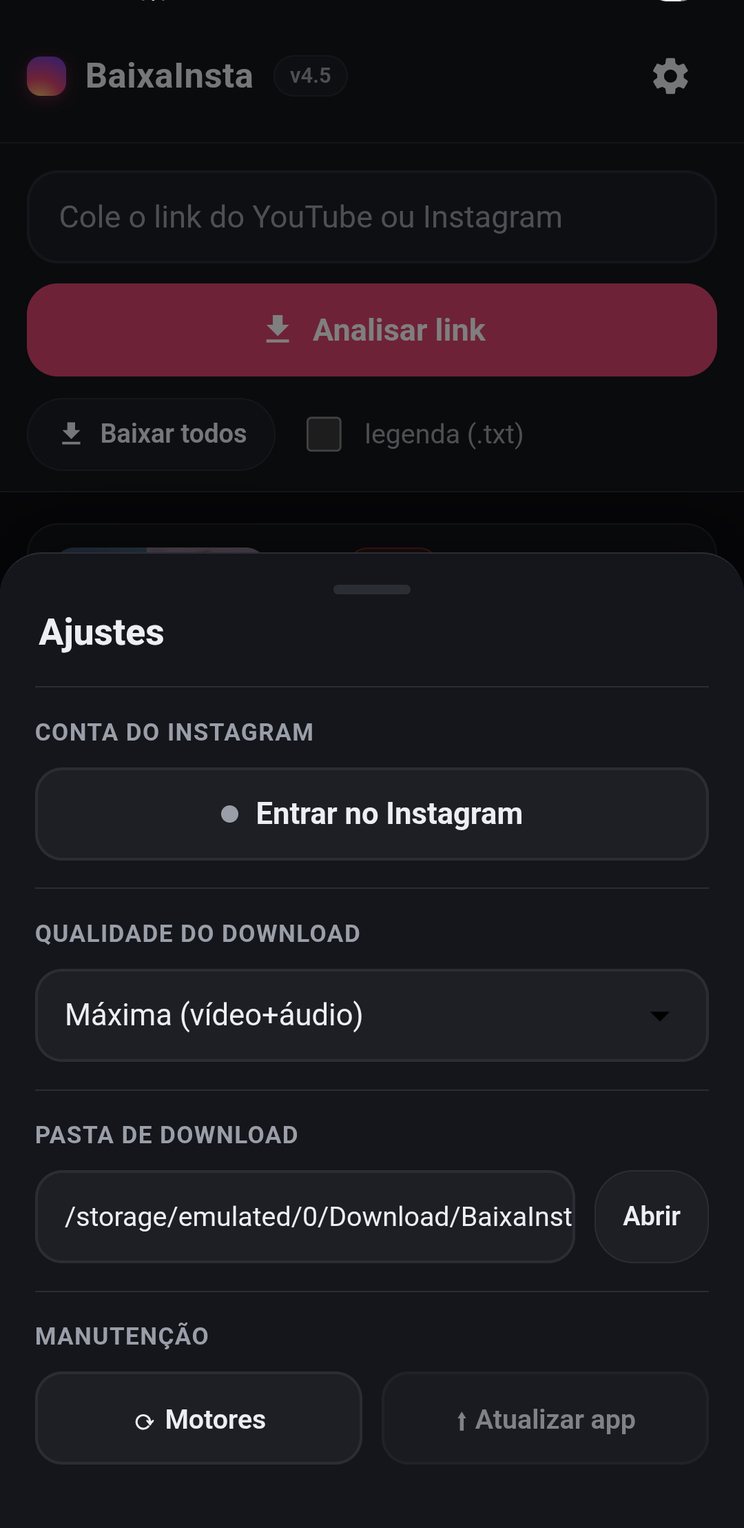 Ajustes: qualidade, pasta e conta
